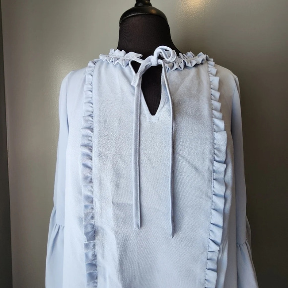 Karl Lagerfeld Blue Ruffle Blouse with Keyhole and Tie Detail - Picture 2 of 5